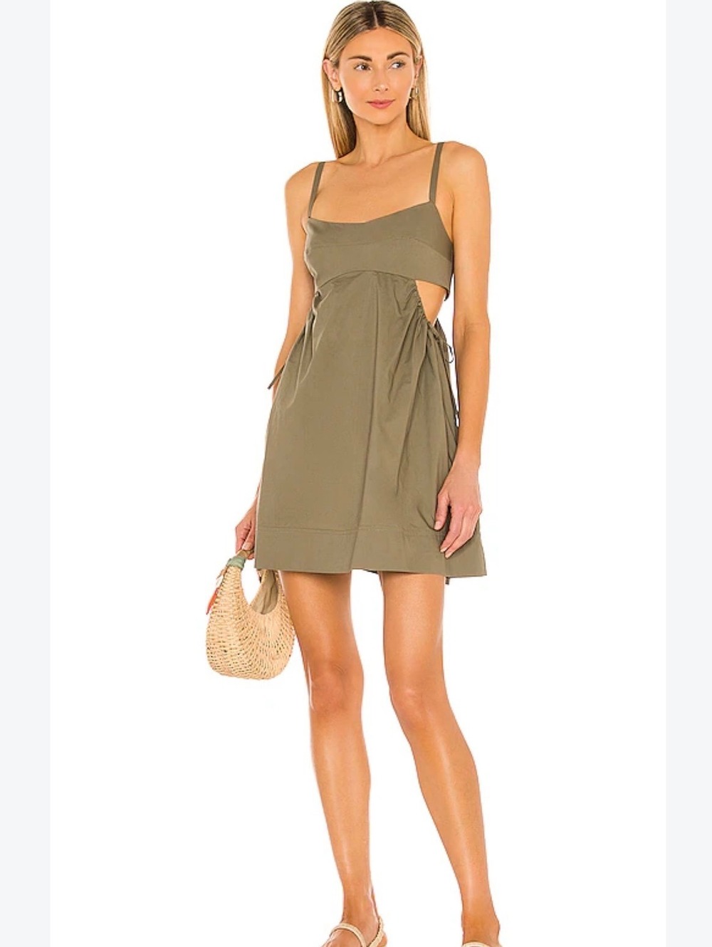 L'Academie Olive Green Cotton Mini Dress with Cut-Outs and Adjustable Straps